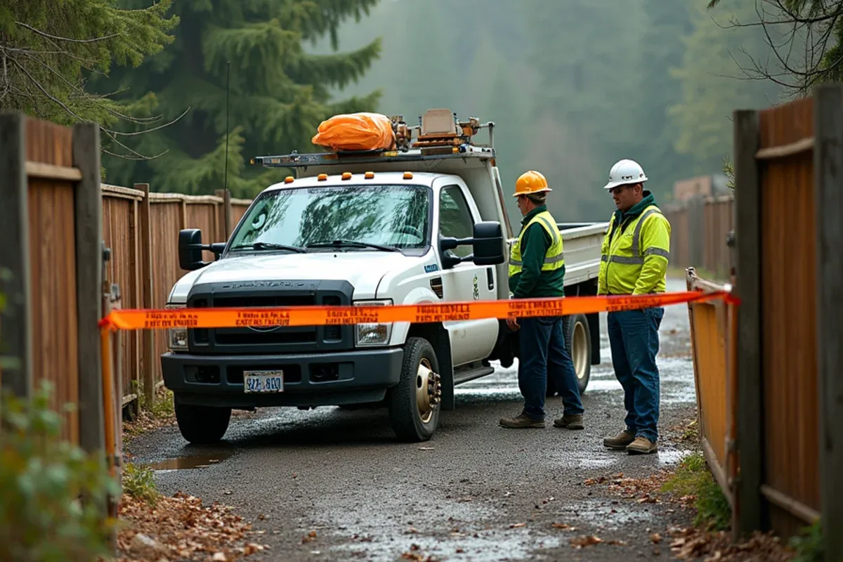 Temporary barricade and safety fencing covering a fence opening left by a car crash