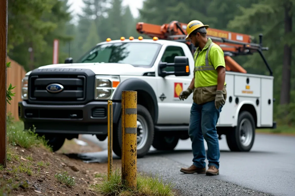 Steel bollards installed to protect a corner-lot fence from vehicles in Lakewood, WA