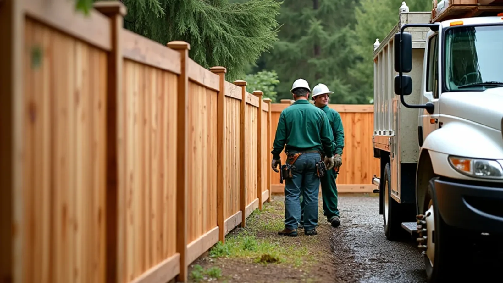 Tall cedar privacy fence with tight board gaps running along a Pierce County backyard