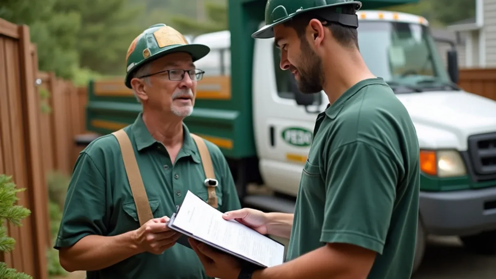 Homeowner and fence contractor reviewing a written itemized quote on a clipboard in a Lakewood yard