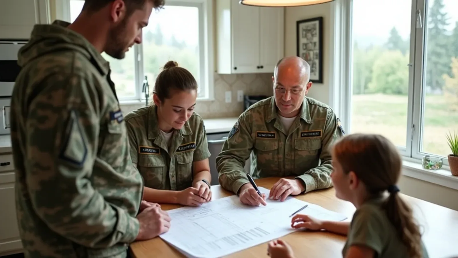 Military family reviewing a fence project plan and budget at a kitchen table in a Lakewood home