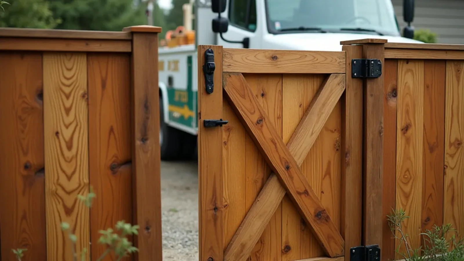 Sagging wood gate with its latch corner dropped and a wedge-shaped gap at the top in a Fircrest yard