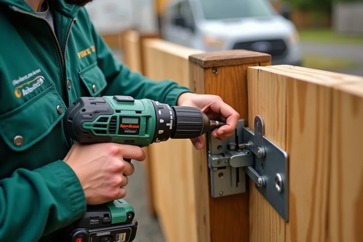 Hands adjusting a gate latch and hinge screws with a drill to realign a sticking gate