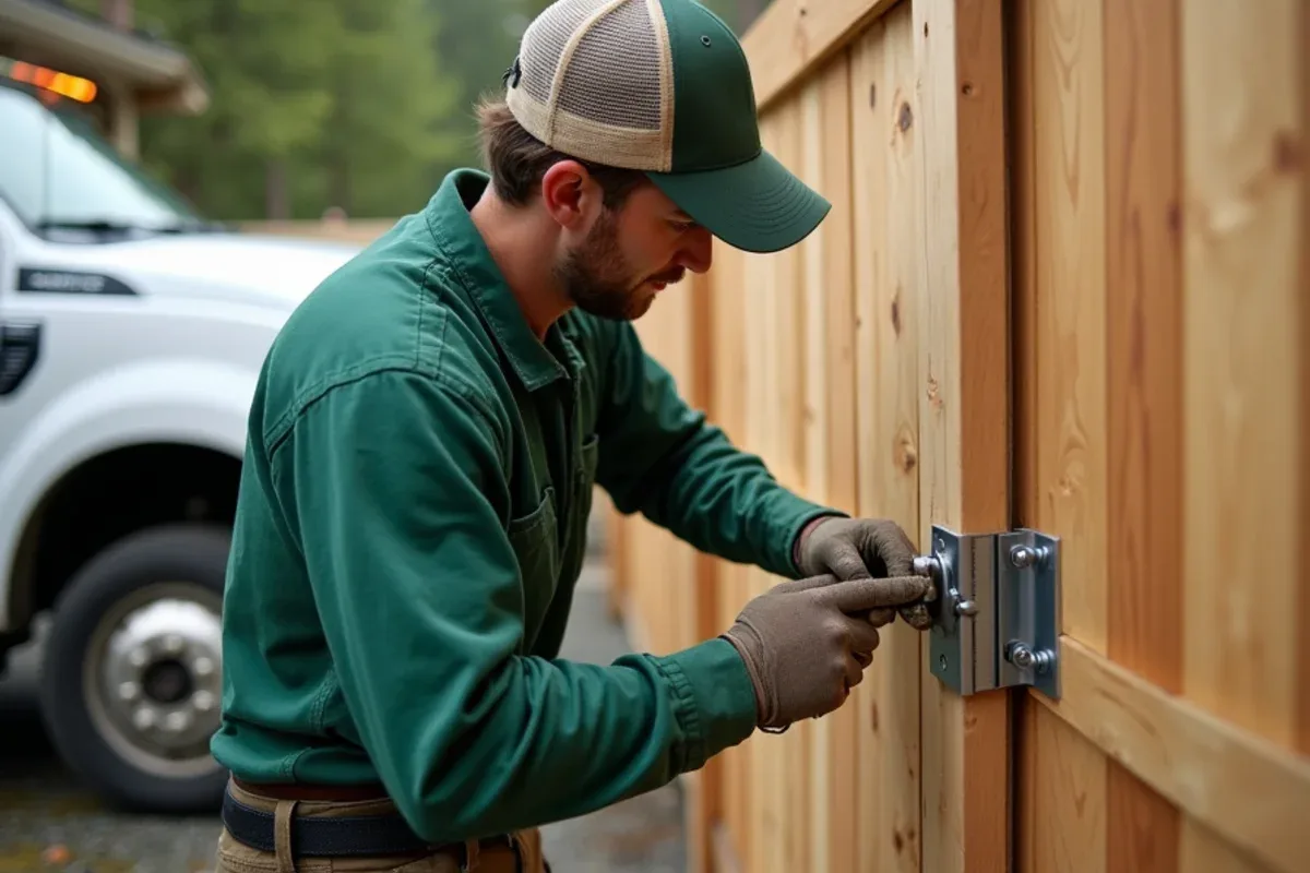 Tightening heavy-duty gate hinge screws on a wood fence gate in Lakewood, WA