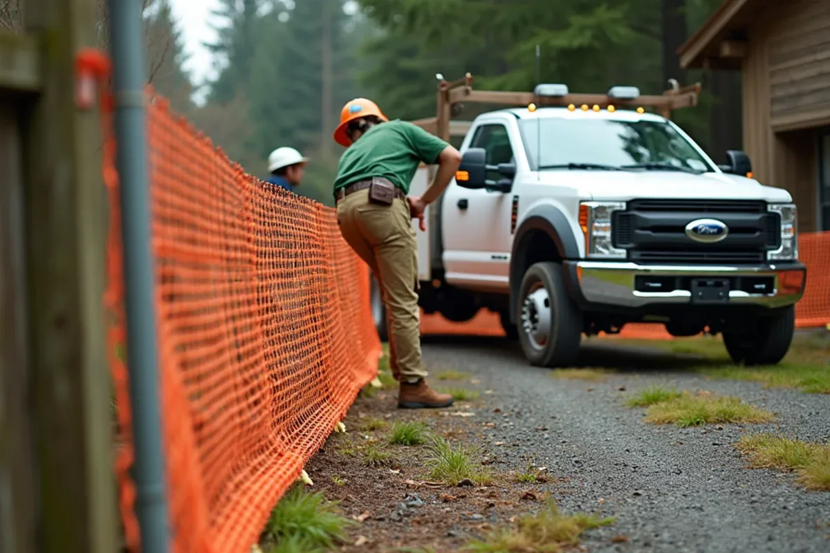 Homeowner securing a downed fence gap with temporary orange safety fencing and metal stakes