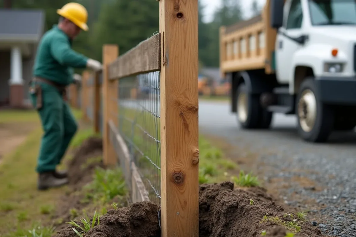 Wood fence post snapped off at the soil line after a Puget Sound windstorm, concrete footing still in the ground