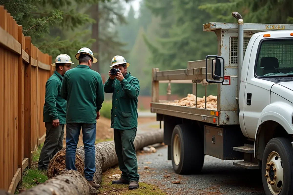 Person photographing a tree trunk resting on a crushed cedar fence for an insurance claim
