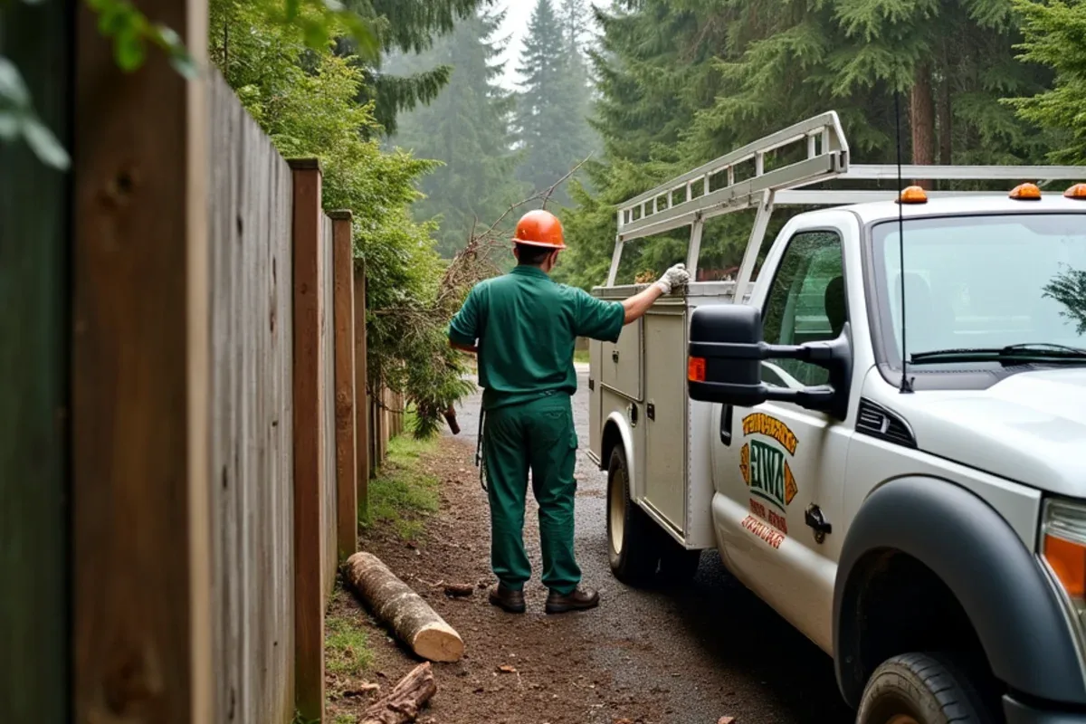 Clearing tree debris off a damaged fence in Lakewood, WA