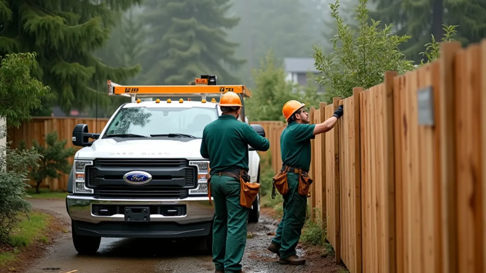 Crew installing a cedar fence on a wet Lakewood, WA backyard line