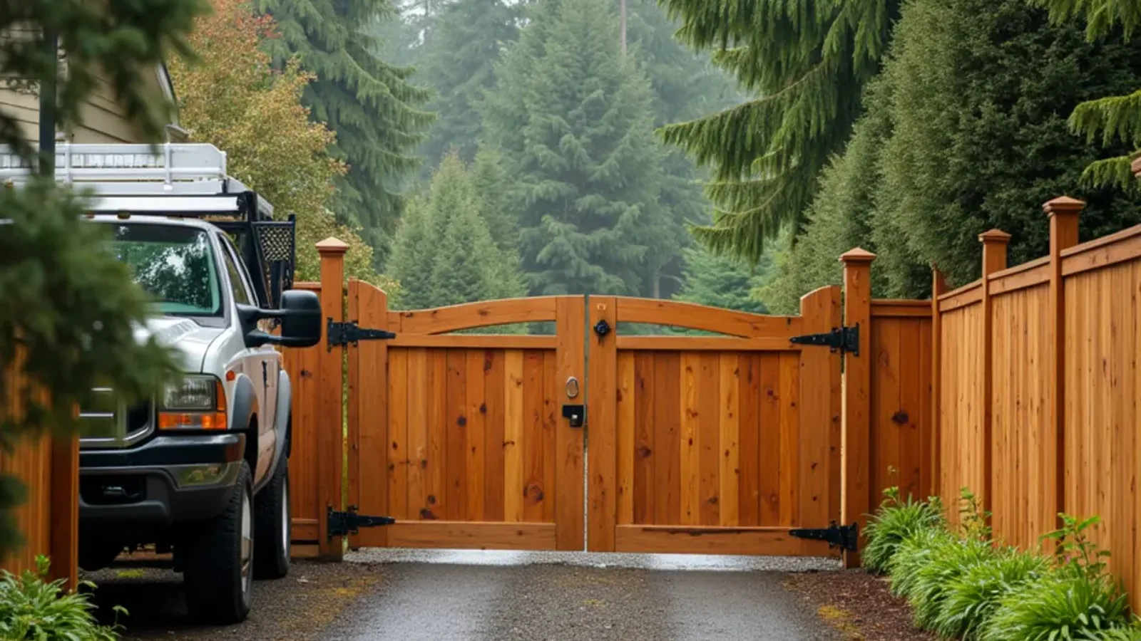 Wood swing driveway gate at a Lakewood, WA home