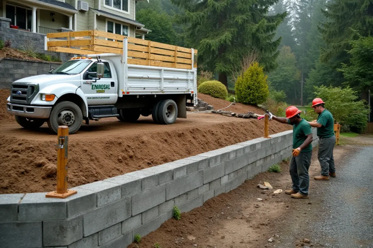 Block retaining wall topped with a fence in Lakewood, WA