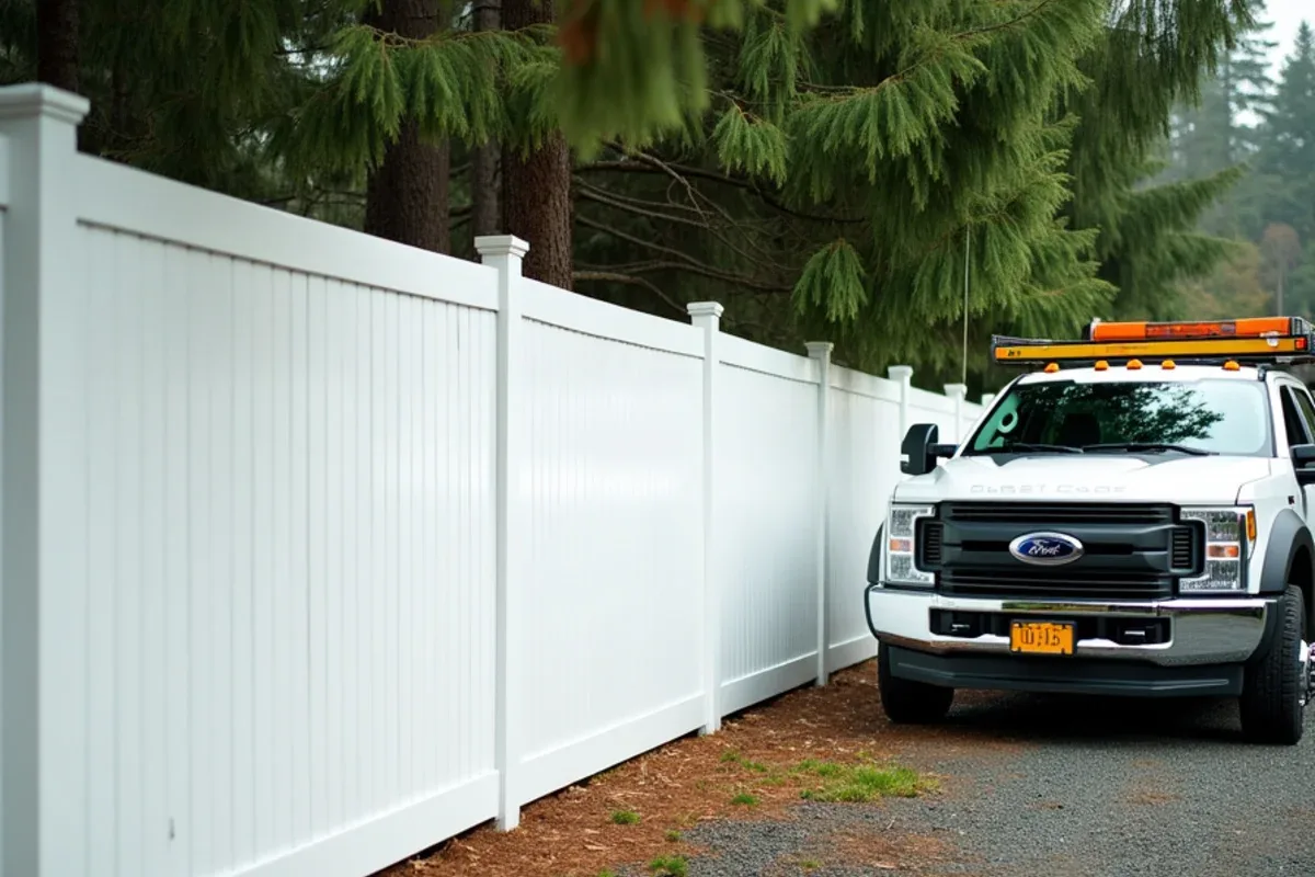 White vinyl privacy fence on a Lakewood, WA residential lot