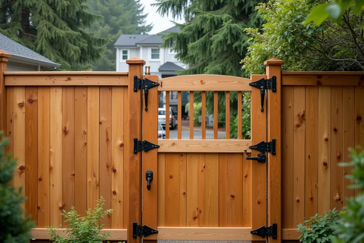 Finished backyard cedar fence and gate in Lakewood, WA