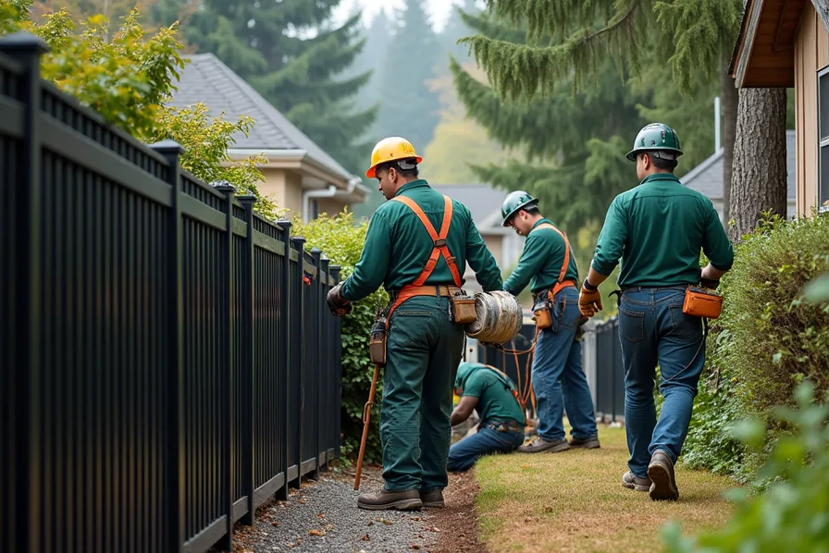 Black aluminum fence racked to follow a sloped Lakewood, WA yard