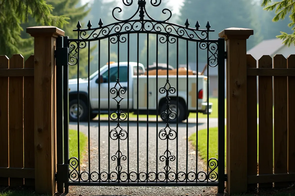 Matching ornamental iron gate on a Lakewood, WA driveway