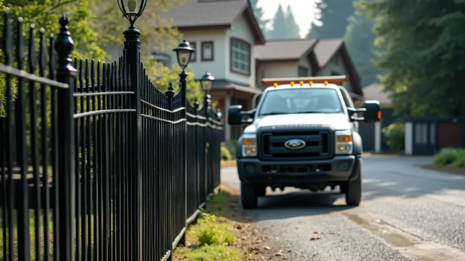 Ornamental iron fence with picket tops at a Lakewood, WA estate entrance