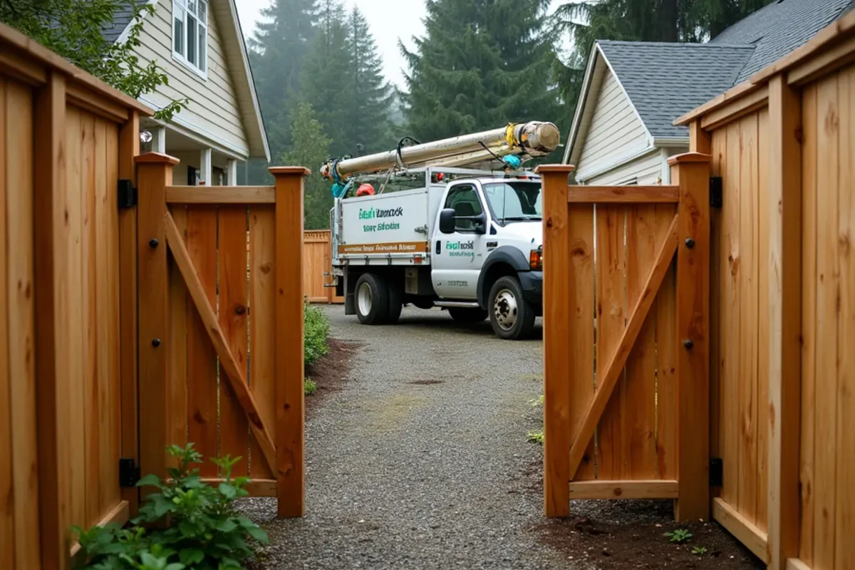 Narrow side-yard gate fitted between close homes in Fircrest, WA