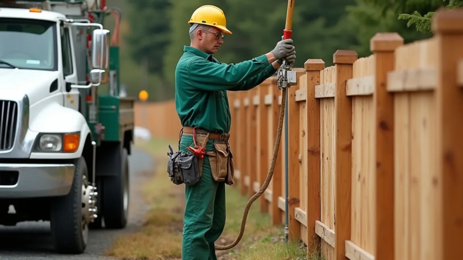 Fence contractor installing a wood fence line in Pierce County, WA
