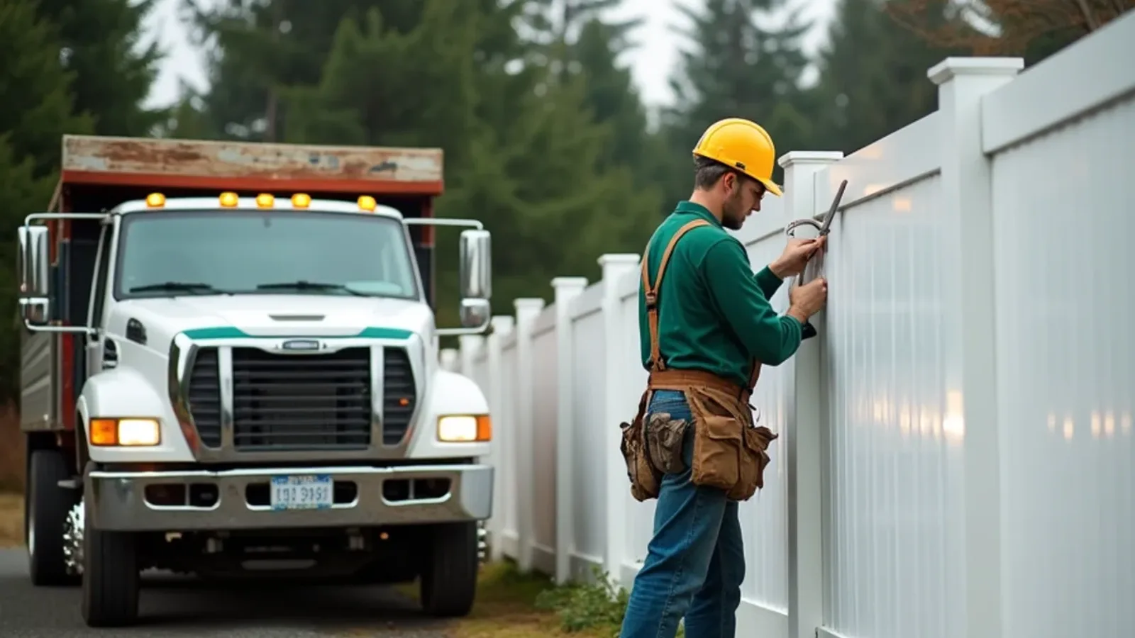 Fence contractor installing a vinyl fence on a valley-floor lot in Puyallup, WA