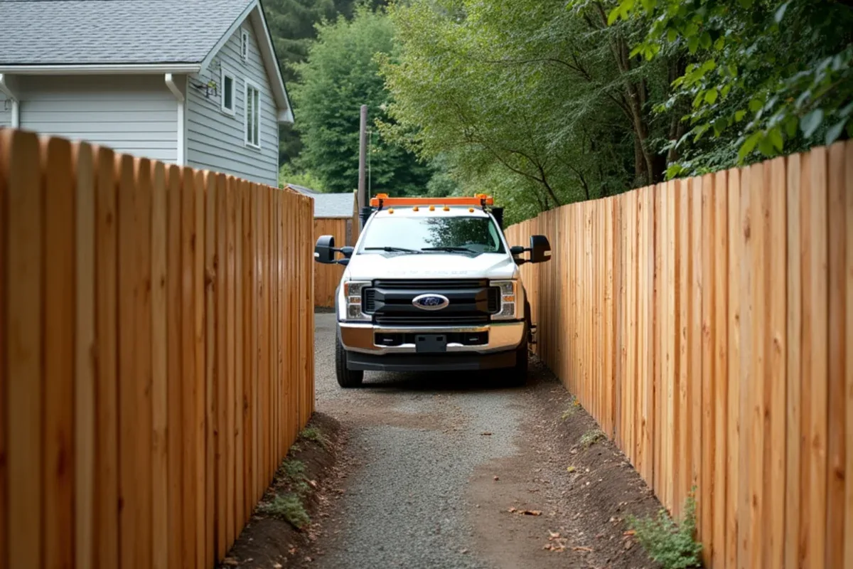 Cedar fence running along a rear service alley in Tacoma, WA