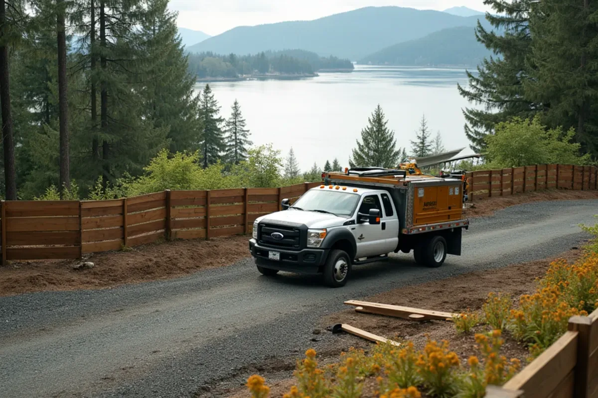 Fence framing a Puget Sound view lot above Chambers Bay in University Place, WA