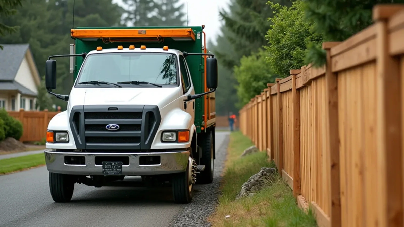 Fence work truck on a Pierce County, WA residential street with a new wood fence