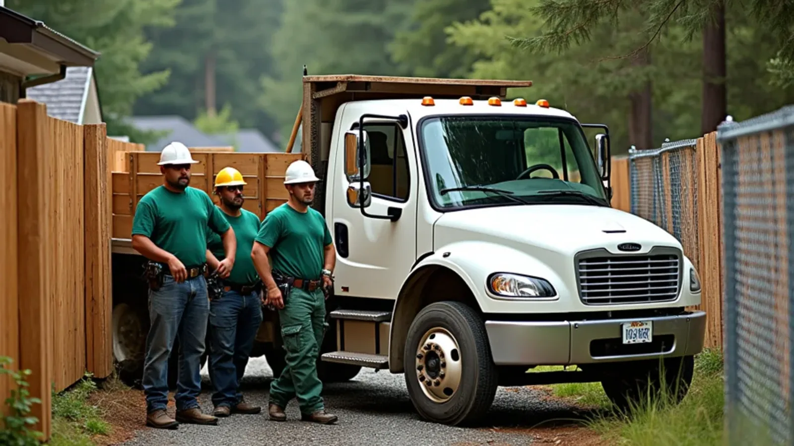 Fence contractor crew and truck at a Lakewood, WA job site with cedar and chain link fencing