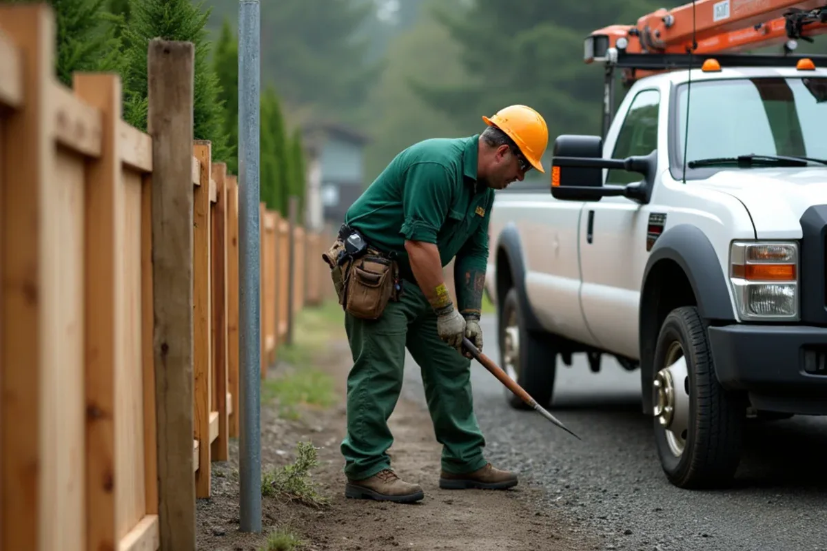 Steel-reinforced vinyl fence post set for wind in Lakewood, WA