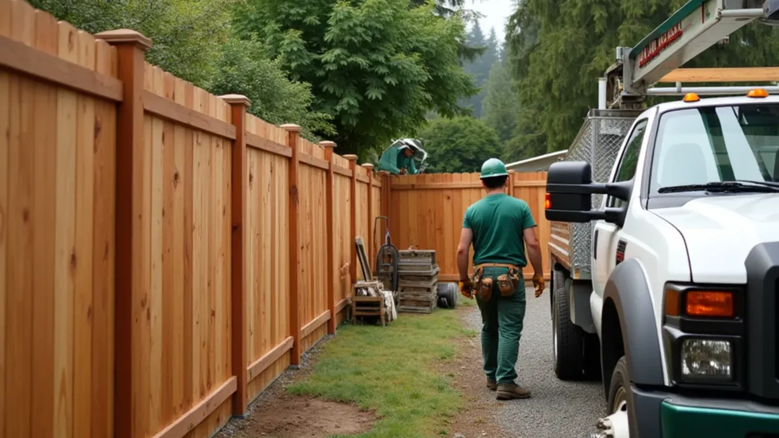 New cedar board-on-board wood fence in a Lakewood, WA backyard